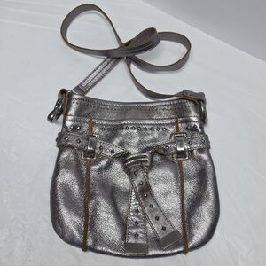 Makowski Pewter Metallic Silver Leather Studded Crossbody Bag Purse Boho Rock